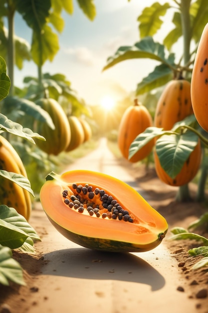 fotografía de una papaya en una tierra agrícola con un fondo borroso