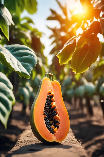 fotografía de una papaya en una tierra agrícola con un fondo borroso