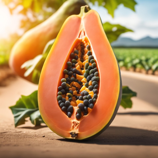 fotografía de una papaya en una tierra agrícola con un fondo borroso