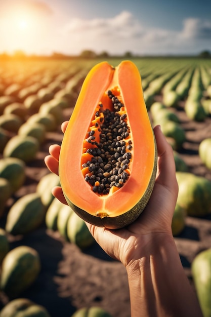 fotografía de una papaya en una tierra agrícola con un fondo borroso