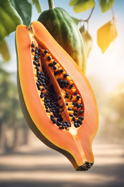 fotografía de una papaya unida a una rama con un fondo borroso