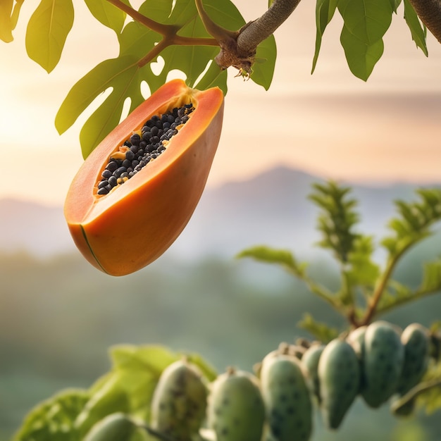 fotografía de una papaya unida a una rama con un fondo borroso