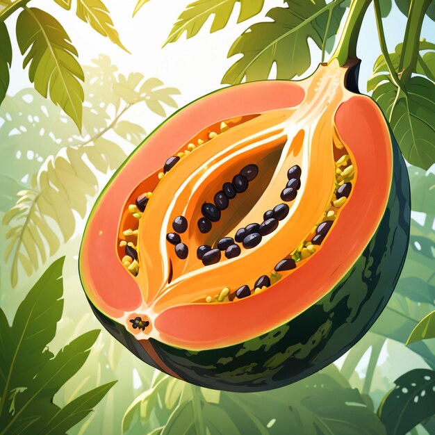 Foto fotografía de una papaya unida a una rama con un fondo borroso