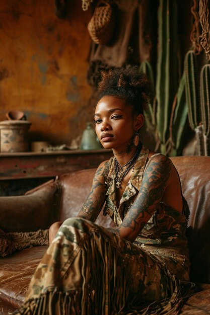 Fotografia para uma capa de uma revista de moda ocidental de uma modelo afro-americana com tatuagens