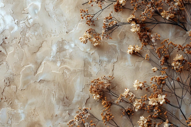Fotografía de una pared beige con flores secas para una elegante toma de primer plano de fondo