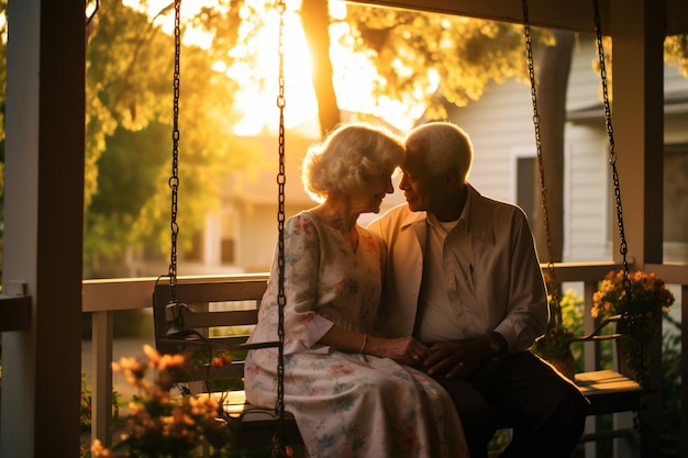 Una fotografía de una pareja de ancianos compartiendo un momento de tranquilidad en el columpio de su porche al atardecer.