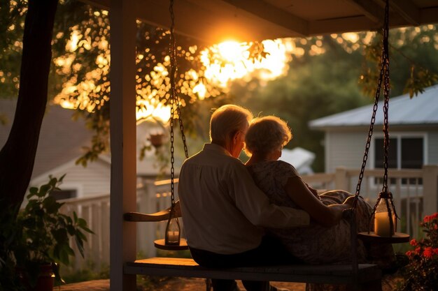 Una fotografía de una pareja de ancianos compartiendo un momento de tranquilidad en el columpio de su porche al atardecer.