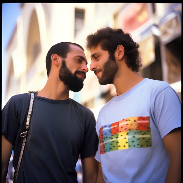 Una fotografía de una pareja gay de hombres de 23 años y un hombre de 24 años