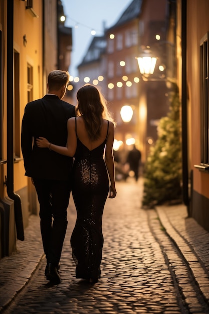 Fotografía de una pareja joven caminando por las calles laterales de la ciudad