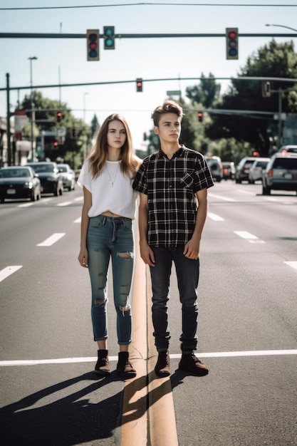 Fotografía de una pareja joven en una intersección concurrida