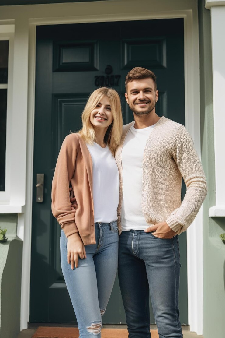 Fotografía de una pareja joven de pie fuera de la casa que acaban de comprar creada con IA generativa