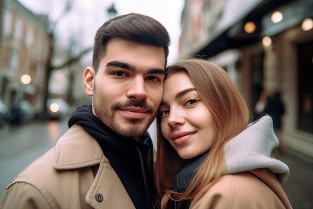 Fotografía de una pareja joven tomando selfies mientras camina por una ciudad creada con IA generativa