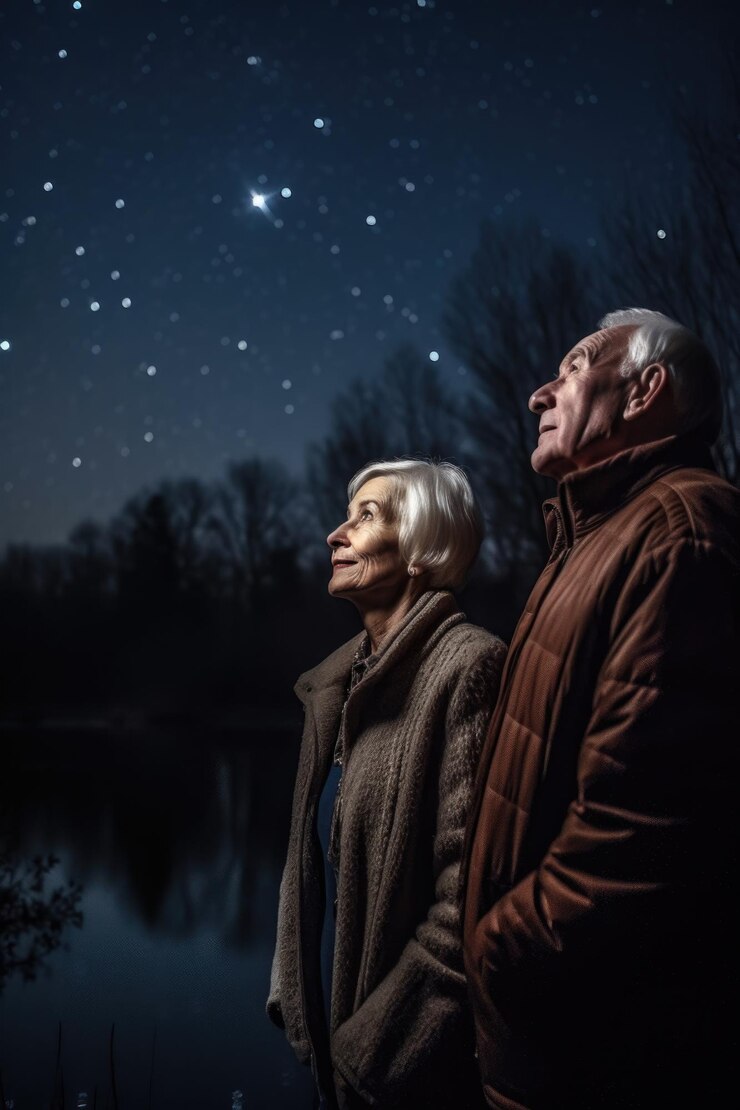 Fotografía de una pareja de mayores mirando las estrellas en la naturaleza creada con IA generativa