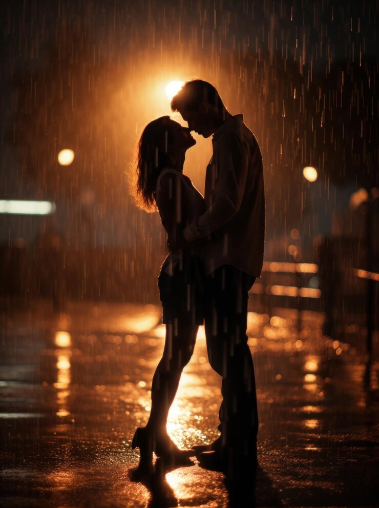Fotografía de una pareja romántica besándose bajo la lluvia en formato vertical de la hora dorada.