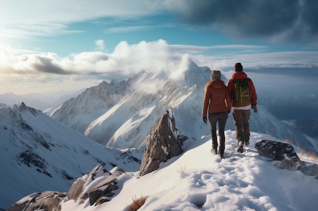 Fotografía de parejas explorando senderos de montaña nevados