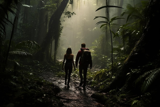 Fotografía de parejas explorando senderos a través de densas y exuberantes selvas tropicales