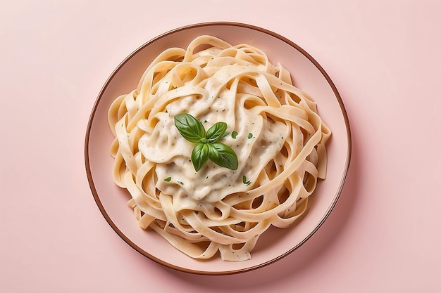 Fotografía de la parte superior deliciosa fettucine alfredo sobre un fondo rosado claro