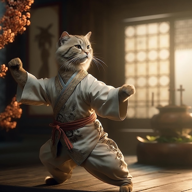 Foto fotografía de la pelea de gatos de kung fu