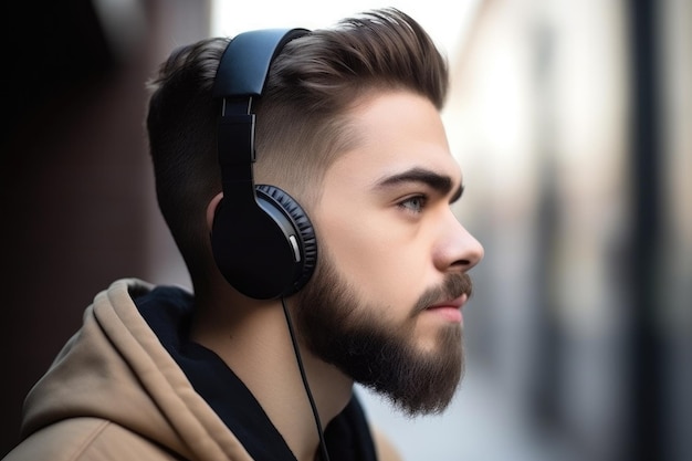 Fotografía de perfil de un joven elegante escuchando música en auriculares creados con IA generativa