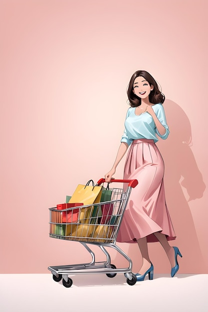 Fotografía de perfil de longitud completa de una mujer joven caminando con una canasta de compras con productos alimenticios