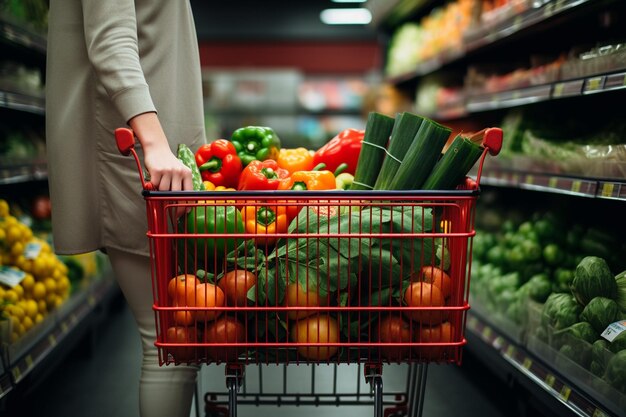 Fotografía de una persona femenina con las manos arrastrando el carrito lleno de mercancías en una compra en un supermercado