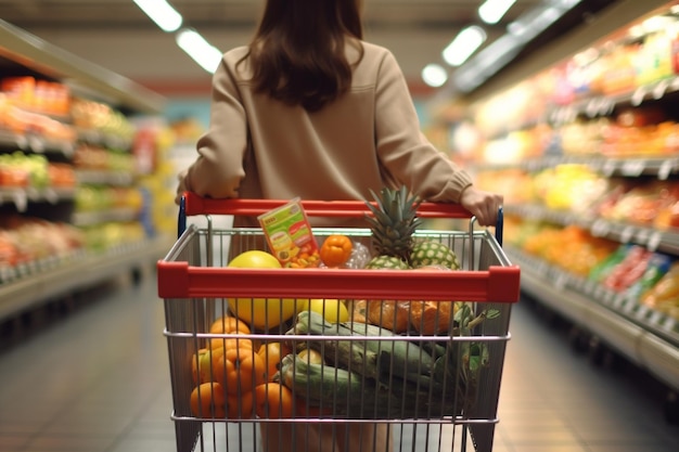Fotografía de una persona femenina con las manos arrastrando el carrito lleno de mercancías en una compra en un supermercado