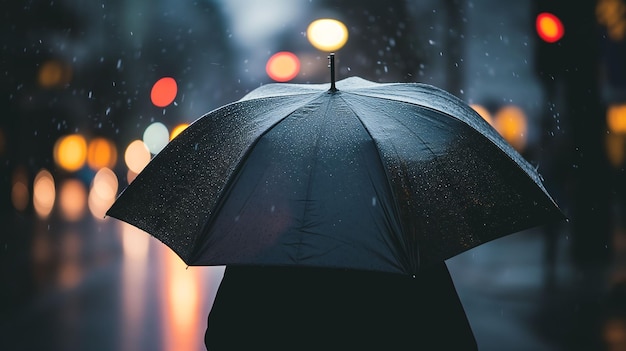 Fotografía de una persona de pie bajo la lluvia sosteniendo un paraguas