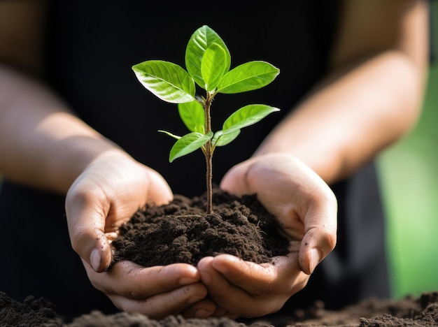 Fotografía a una persona sosteniendo una planta plantada en las manos.