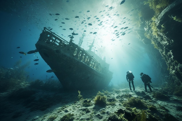 Fotografía de personas buceando bajo el agua, naufragios históricos explorando la historia sumergida.