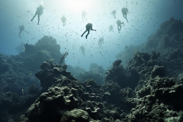 Fotografía de personas buceando en arrecifes de coral conservados