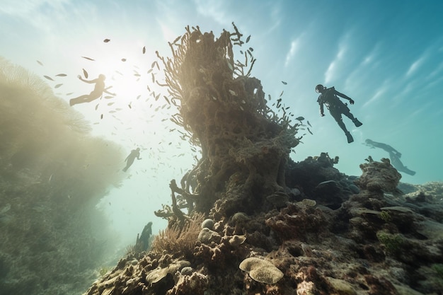 Fotografía de personas buceando en arrecifes de coral conservados