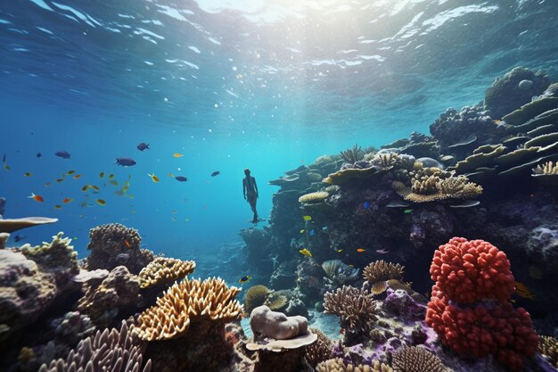 Fotografía de personas buceando en arrecifes de coral vibrantes y sanos