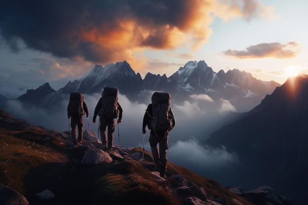 Fotografía de personas caminando en majestuosas montañas al amanecer