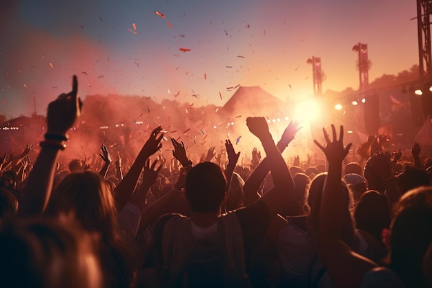 Fotografía de personas divirtiéndose en un festival de música al aire libre con una atmósfera festiva