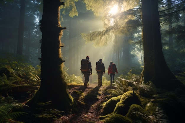 Foto fotografía de personas explorando bosques encantados entre niebla y rayos de sol.