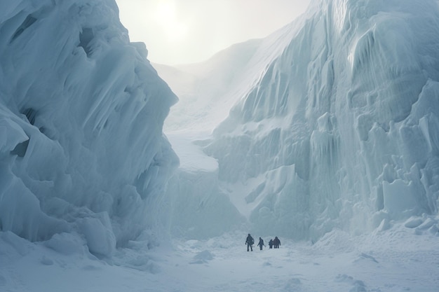 Fotografía de personas explorando imponentes glaciares