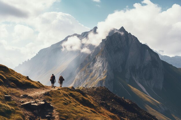 Fotografía de personas haciendo senderismo en imponentes montañas