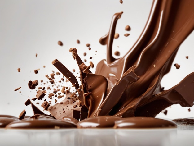 Fotografía de piezas de explosión de chocolate con leche que se rompen sobre un fondo blanco