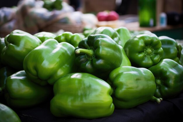 Fotografía de pimientos verdes en un mercado de agricultores creado con IA generativa