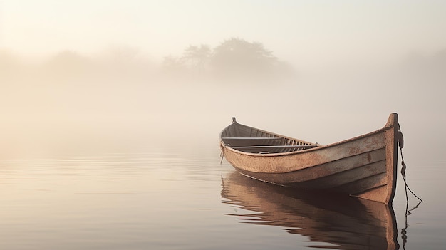 Fotografía y pintura de una canoa flotando en el barco acuático estacionado en la tierra del río.