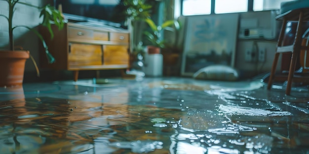 Fotografía de un piso de una casa inundada que destaca los daños causados por el agua y los riesgos potenciales de las inundaciones en el hogar Concepto de la casa inundado Daños causados por la agua en el hogar Inundaciones en los hogares Peligros potenciales Precauciones de seguridad