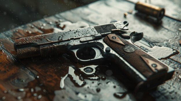 fotografía de una pistola con gotas de agua