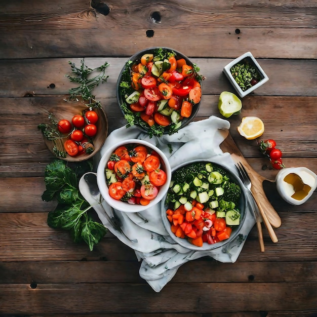 Foto fotografía plana de ensalada de verduras en la mesa generada