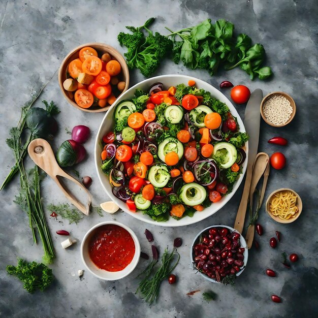 Fotografía plana de ensalada de verduras en la mesa