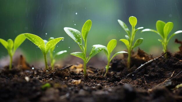 Fotografía una planta joven que crece en el suelo con una gota de lluvia