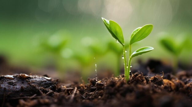 Fotografía una planta joven que crece en el suelo con una gota de lluvia