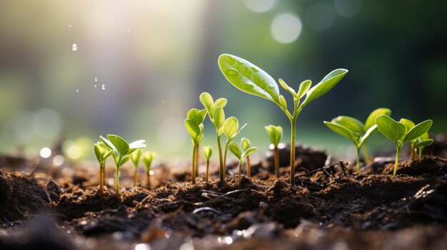 fotografía de plantas jóvenes que crecen en el suelo con una gota de lluvia que salva el mundo y el concepto de entorno verde