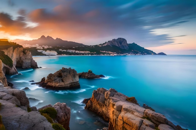 Una fotografía de una playa rocosa con una puesta de sol de fondo.