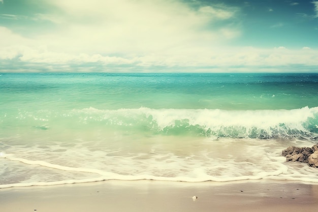 Fotografía de una playa con tonos azules y verdes generada por IA