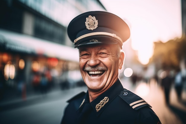 Fotografía de un policía maduro sonriente en la ciudad